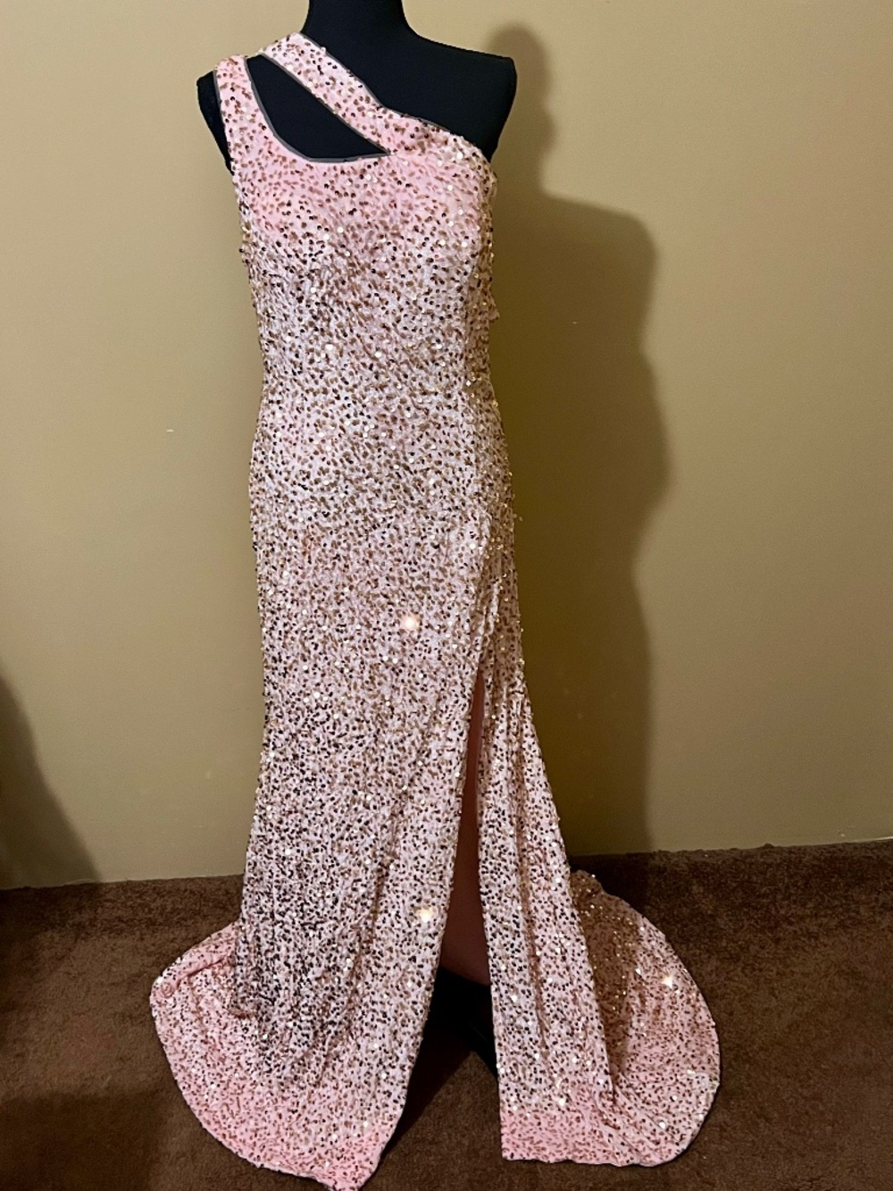 One Shoulder Pink Sequin Formal Gown Size 10